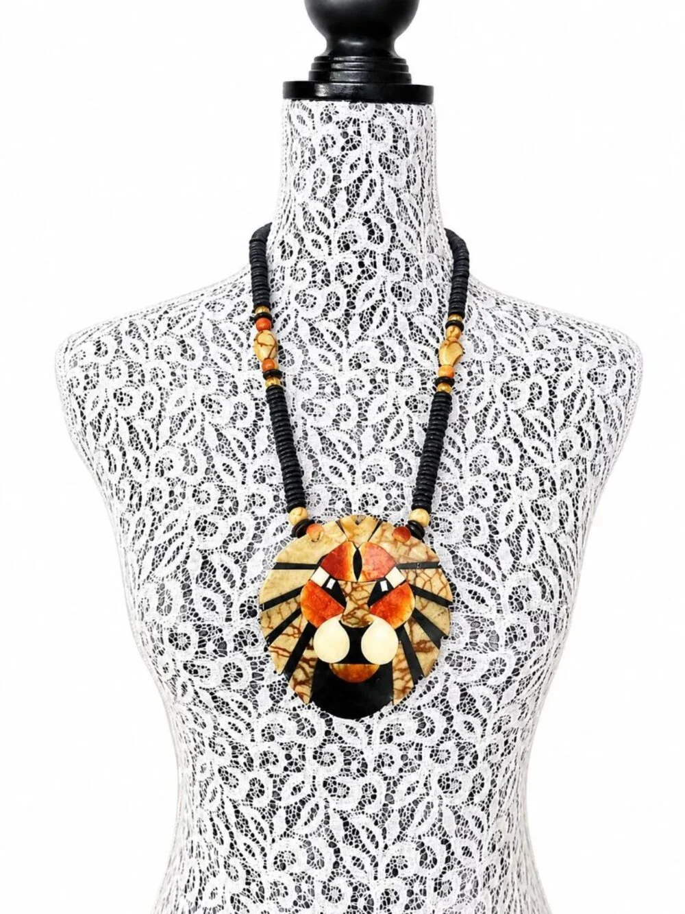 Lee Sands Coral and Onyx Inlaid Mosaic Lion Pendant Necklace